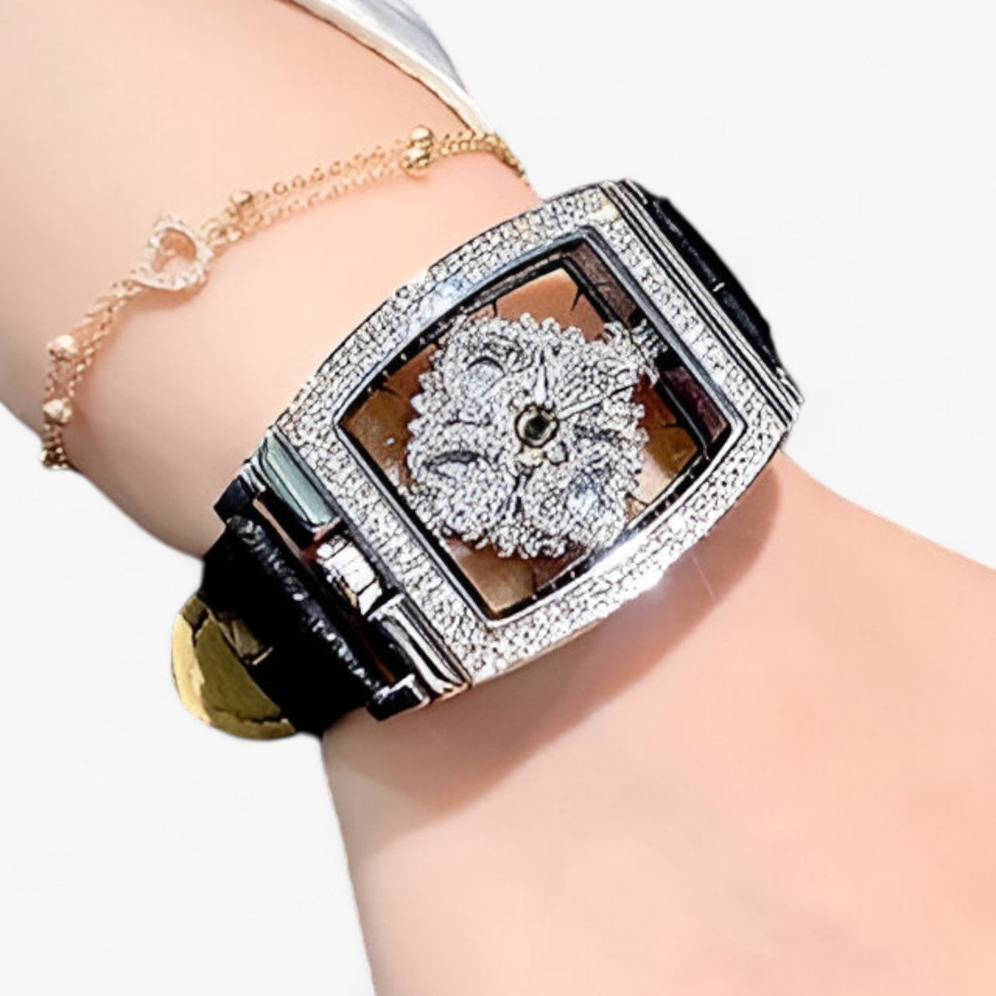 Premium quartz watch with diamond rotating dial and leather strap