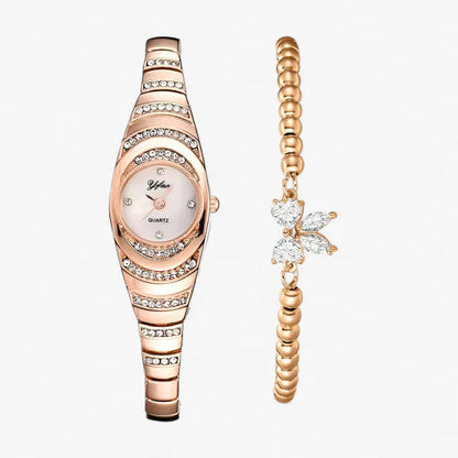 Women's oval quartz watch with crystal and diamond inlays