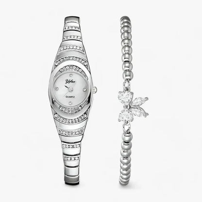 Women's oval quartz watch with crystal and diamond inlays