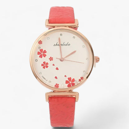 Vintage round floral watch with leather strap