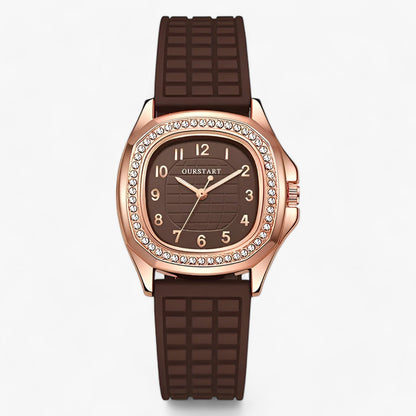 Oval diamond watch, rose gold silicone band