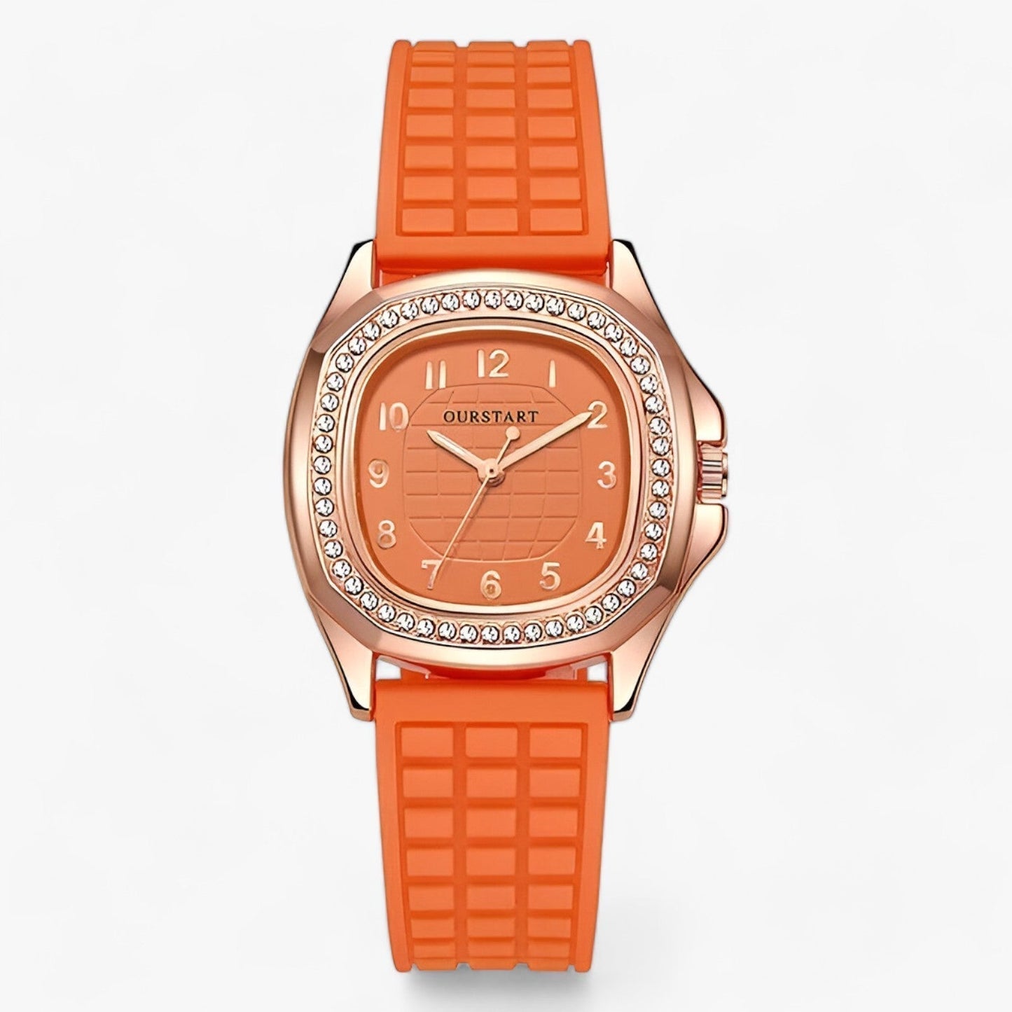 Oval diamond watch, rose gold silicone band