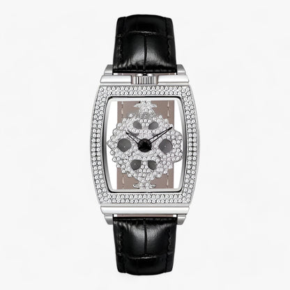 Premium quartz watch with diamond rotating dial and leather strap