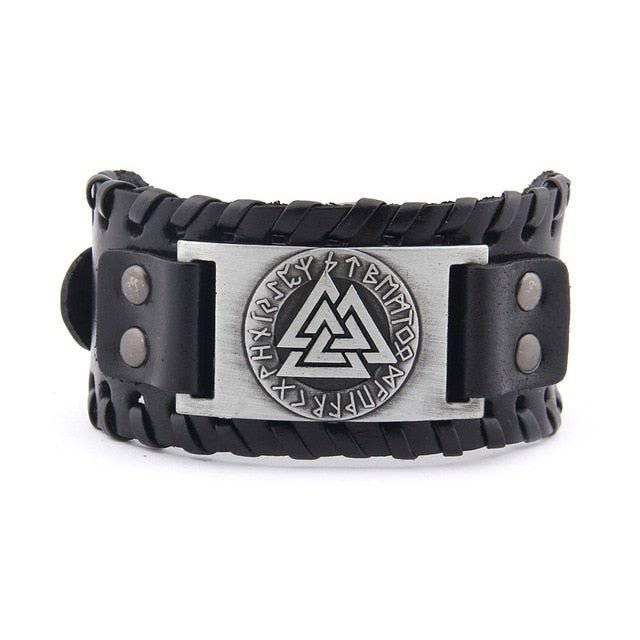 Runic Valknut Leather Wrap Bracelet