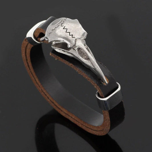Rustic Raven Skull Leather Bracelet - Stainless Steel