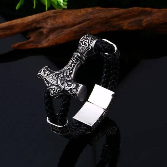 Thor's Hammer Leather Bracelet - Stainless Steel