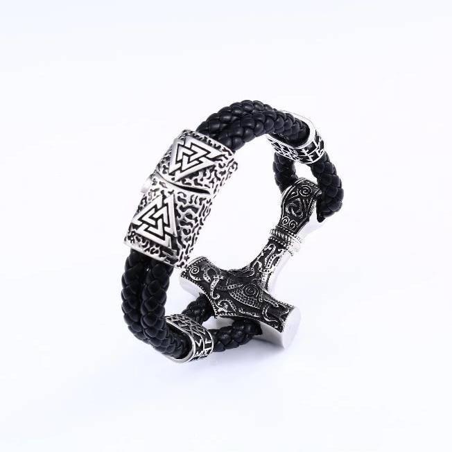Thor's Hammer Leather Bracelet - Stainless Steel