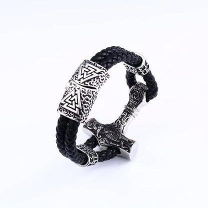 Thor's Hammer Leather Bracelet - Stainless Steel