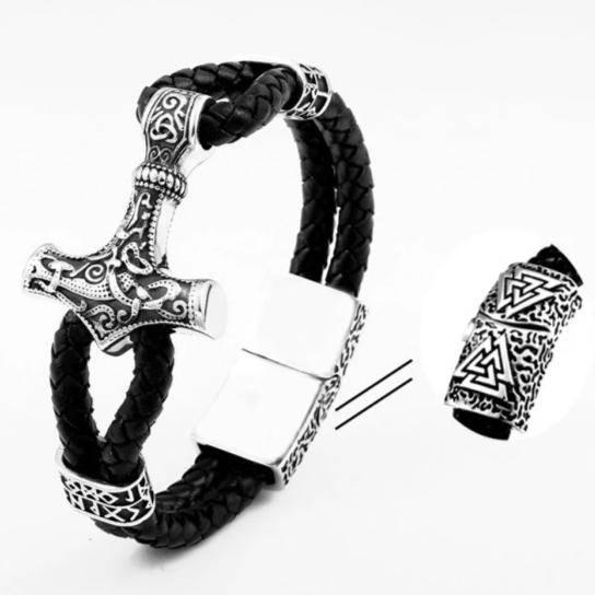 Thor's Hammer Leather Bracelet - Stainless Steel