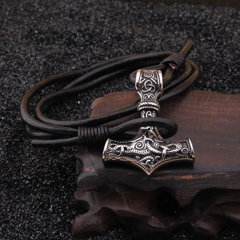 Thor's Hammer Leather Rope Bracelet - Stainless Steel