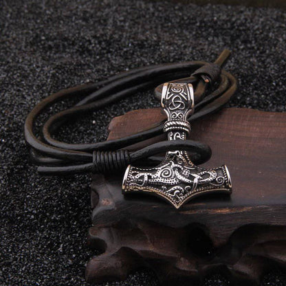 Thor's Hammer Leather Rope Bracelet - Stainless Steel
