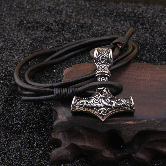 Thor's Hammer Leather Rope Bracelet - Stainless Steel