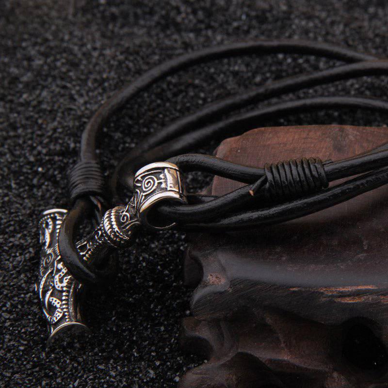 Thor's Hammer Leather Rope Bracelet - Stainless Steel
