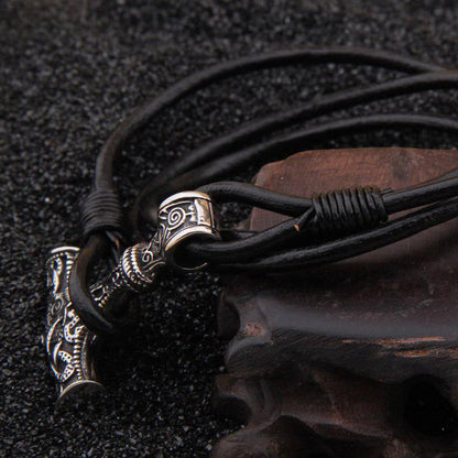 Thor's Hammer Leather Rope Bracelet - Stainless Steel