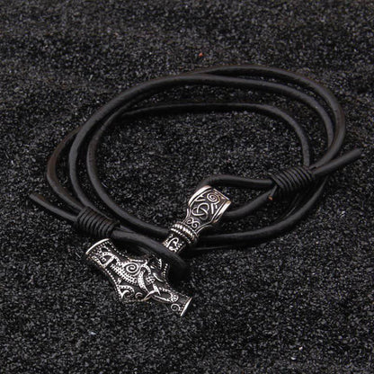 Thor's Hammer Leather Rope Bracelet - Stainless Steel